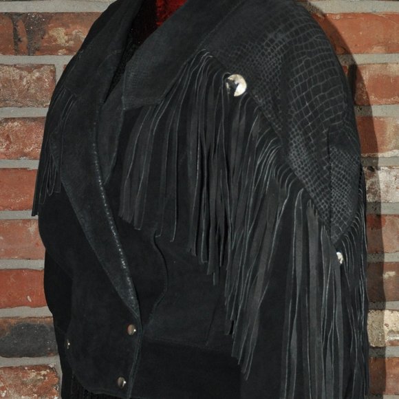 Vintage 80s Black Western Suede Leather With Fringe Jacket M - Picture 9 of 11